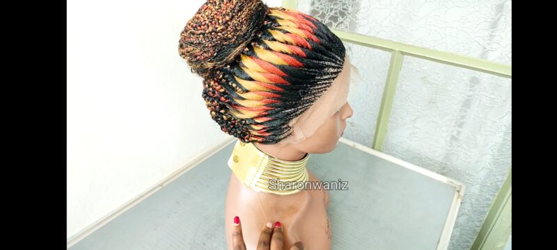 Stunning Full Lace Braided Wig | Ombre Red & Gold Bun Style | Protective Hairstyle - Image 3