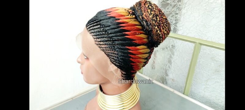 Stunning Full Lace Braided Wig | Ombre Red & Gold Bun Style | Protective Hairstyle - Image 2